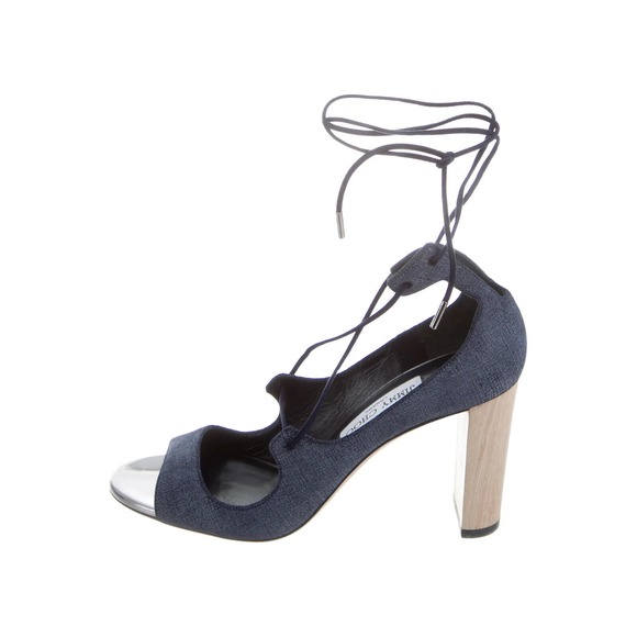 Jimmy Choo Vernie Sandals 6.5 Denim Blue Leather Strappy Wood‎ Block Heel - Picture 1 of 12